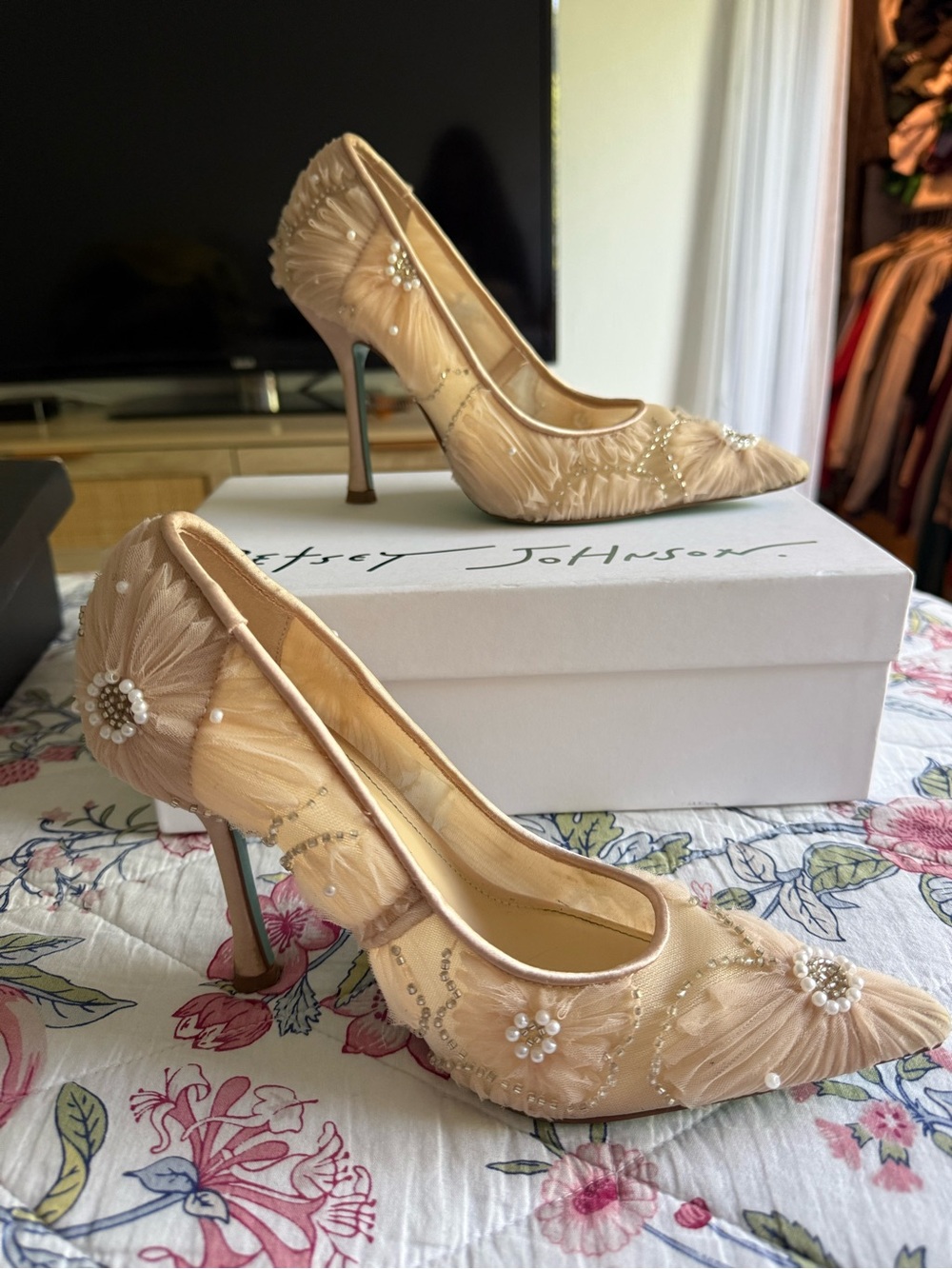Betsey Johnson Women's Beige Embellished Pointed-Toe Pumps
